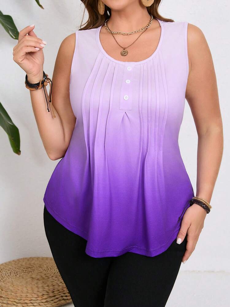 Plus Size Women's Summer Casual Vacation Country Gradient Color Plus Size Summer Pleated Camisole Tank Top For Women,Summer Outfits For Women ,Vacation Outfits Women ,Holiday Outfits For Women,Going Out Outfits,2026 New Clothes,Simple And Fashionable For Everyday Wear,Suitable For Summer, Vacation, Daily Wear, Festival Outfits For Women,Country Concert Outfit,Beach Outfits For Women,Western Style,Going Out Tops