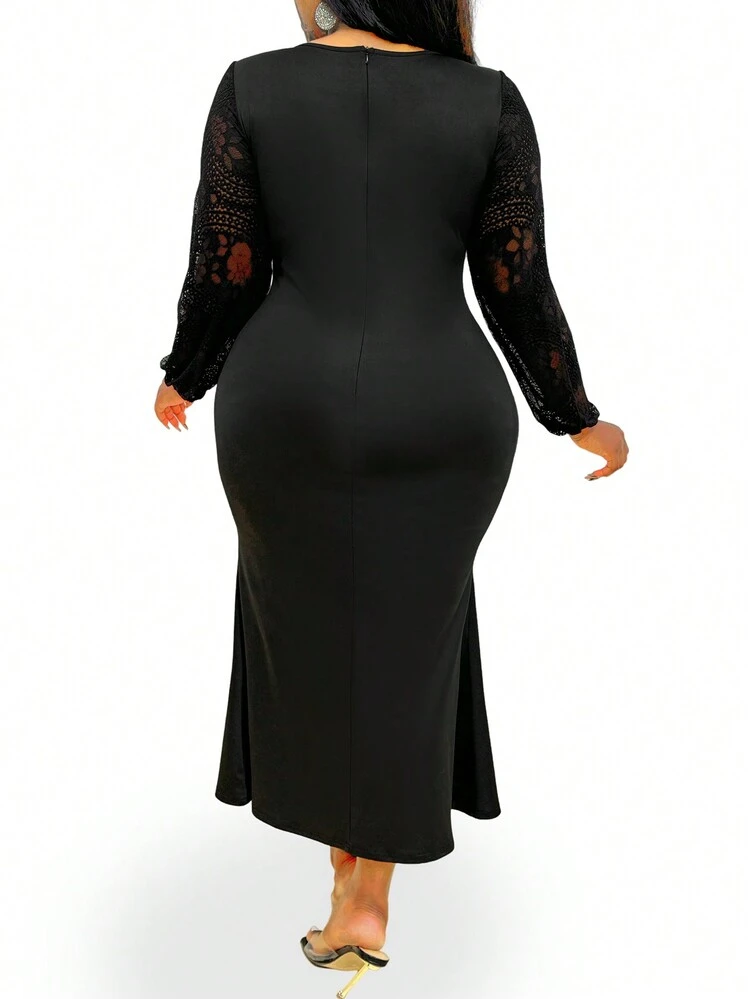 Plus Size Round Neck Lantern Sleeve Mermaid Hem Dress