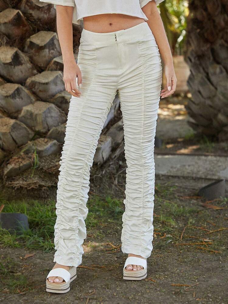 Women Solid Color Pleated Pants For Daily Wear