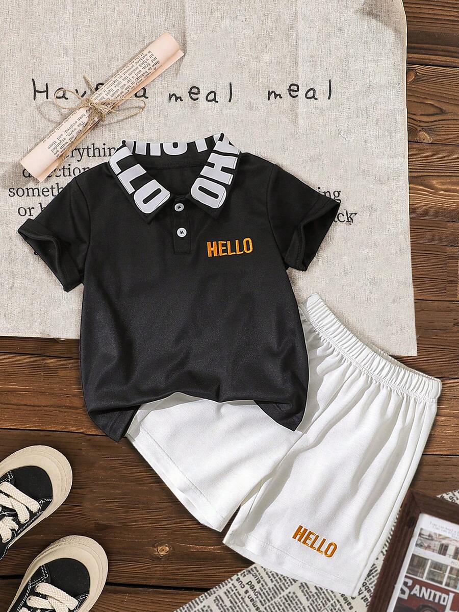SHEIN Young Boy Color Block Polo Shirt & Shorts Set With Embroidered Letters