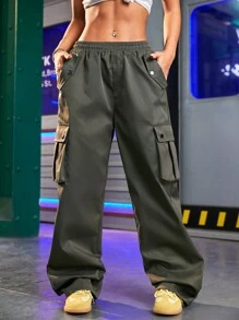 Streetz SHEIN Sport Quần thể thao màu trơn cho nữ có túi để mặc hàng ngày - xanh quân đội - Xem 5