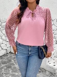 Calvaya Blusa de lunares de encaje, diseño de pliegues sueltos y de moda para mujeres de talla grande - Rosa vieja - Ver 4