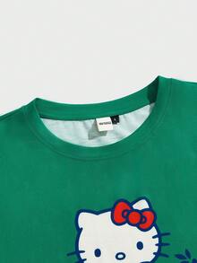 HELLO KITTY AND FRIENDS | SHEIN 男女通用卡通字母印花休闲短袖 T 恤和抽绳腰格纹短裤套装 - 彩色 - 查看 5