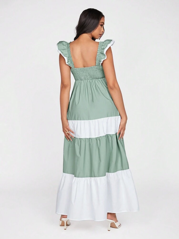 Maternity Romantic Round Neck Ruffled Sleeve Solid Color Extra Long Bodycon Pregnancy Dress