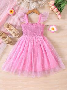 SHEIN Young Girl Wedding Organza Sequins Decorated Party Dress