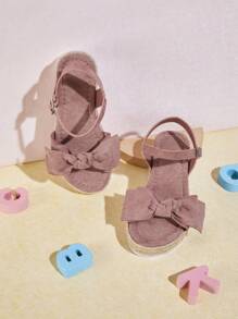 Mini mi 粉色可愛且安全的女童夏季平台織草編繩底涼鞋-帶蝴蝶結、可調踝帶和白色防滑鞋底 - 中紫紅色 - 查看 2