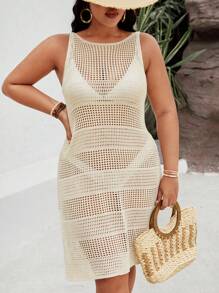 SHEIN Clasi Plus Size Women Holiday Solid Color Sexy Hollow Out Round Neck Sweater Dress - Apricot - View 5