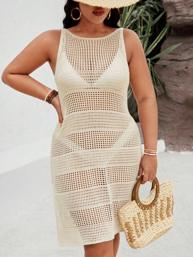 Plus Size Women Holiday Solid Color Sexy Hollow Out Round Neck Sweater Dress