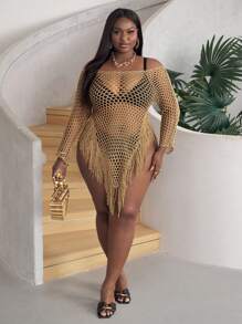 SHEIN CURVE+ Đầm dài tay dệt kim dáng rộng, trễ vai, có tua rua, vạt bất đối xứng, chất liệu lông thú, gợi cảm, thích hợp cho mùa xuân và hè, phù hợp cho kỳ nghỉ biển. - Màu Khaki - Xem 7