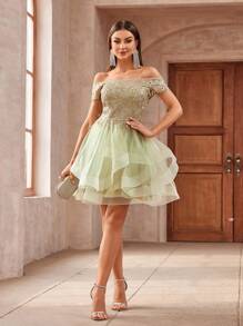 SHEIN Belle Sequins Patchwork Puffy Tulle Women Cocktail Party Dress - Green - View 5