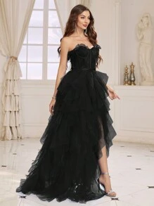 SHEIN Belle 无肩带、不对称下摆和荷叶边设计法式高低晚礼服（重工风格）女士正式舞会礼服 - 黑色 - 查看 6