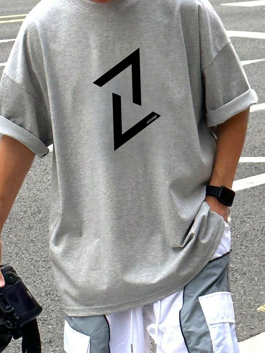 Men's Letter Printed Oversized Short Sleeve T-Shirt - Grey - View 1