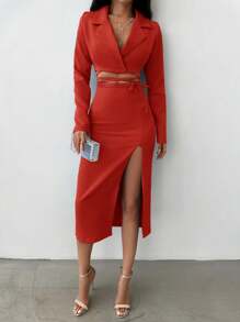 EURMUSE Peak Lapel Lace Up High Slit Suit Set - Red - View 4
