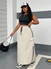 SHEIN EZwear Plus Size Women Drawstring Waist Side Stripe Utility Pocket Long Casual Skirt