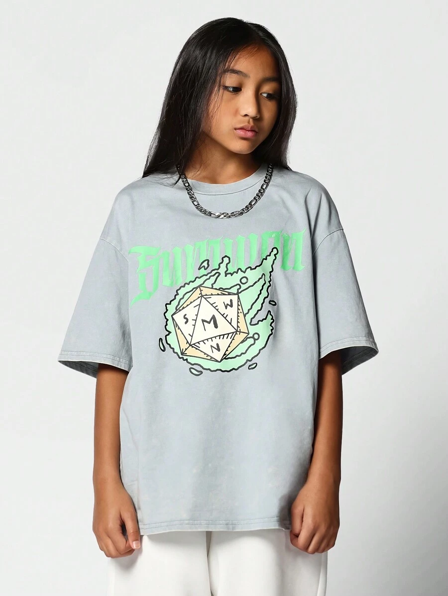 SUMWON Tween Girl Casual Letter Graphic Drop Shoulder Oversize Tee For Summer - Grey - View 1