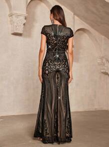 SHEIN Belle Gorgeous Dark Black Sequins Fabric Round Neck Cap Sleeves With Chest Pad Positioning Beaded Hollow Out Fish-Tail Women Evening Dress Elegant Formal Prom Wedding Guest Dress, For Graduation, Dinner