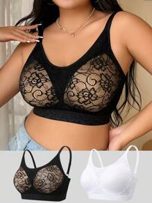 2 件装蕾丝文胸无钢圈和海绵，舒适透气比基尼，防止下垂遮盖侧脂肪，柔软透气大码文胸 - 彩色 - 查看 1