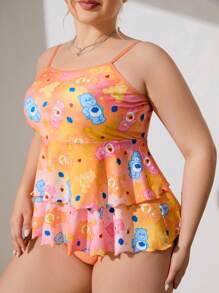 SHEIN X Care Bears Đồ bơi Tankini họa tiết trái tim và gấu hoạt hình cỡ lớn, viền bèo nhún nhiều lớp, dành cho kỳ nghỉ hè trên bãi biển - trái cam - Xem 4