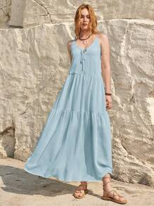 Bohemela Vacation Style Women Solid Color Dress With Ruffle Hem And Spaghetti Straps For Summer