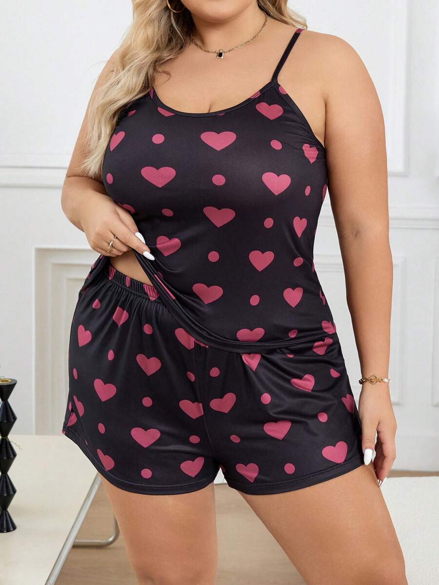 大尺碼夏季心形波點印花背心和短褲睡衣套裝