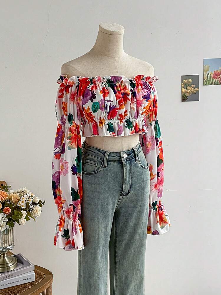 Romantic Watercolor Floral Off-Shoulder Short Bubble Sleeve Blouse