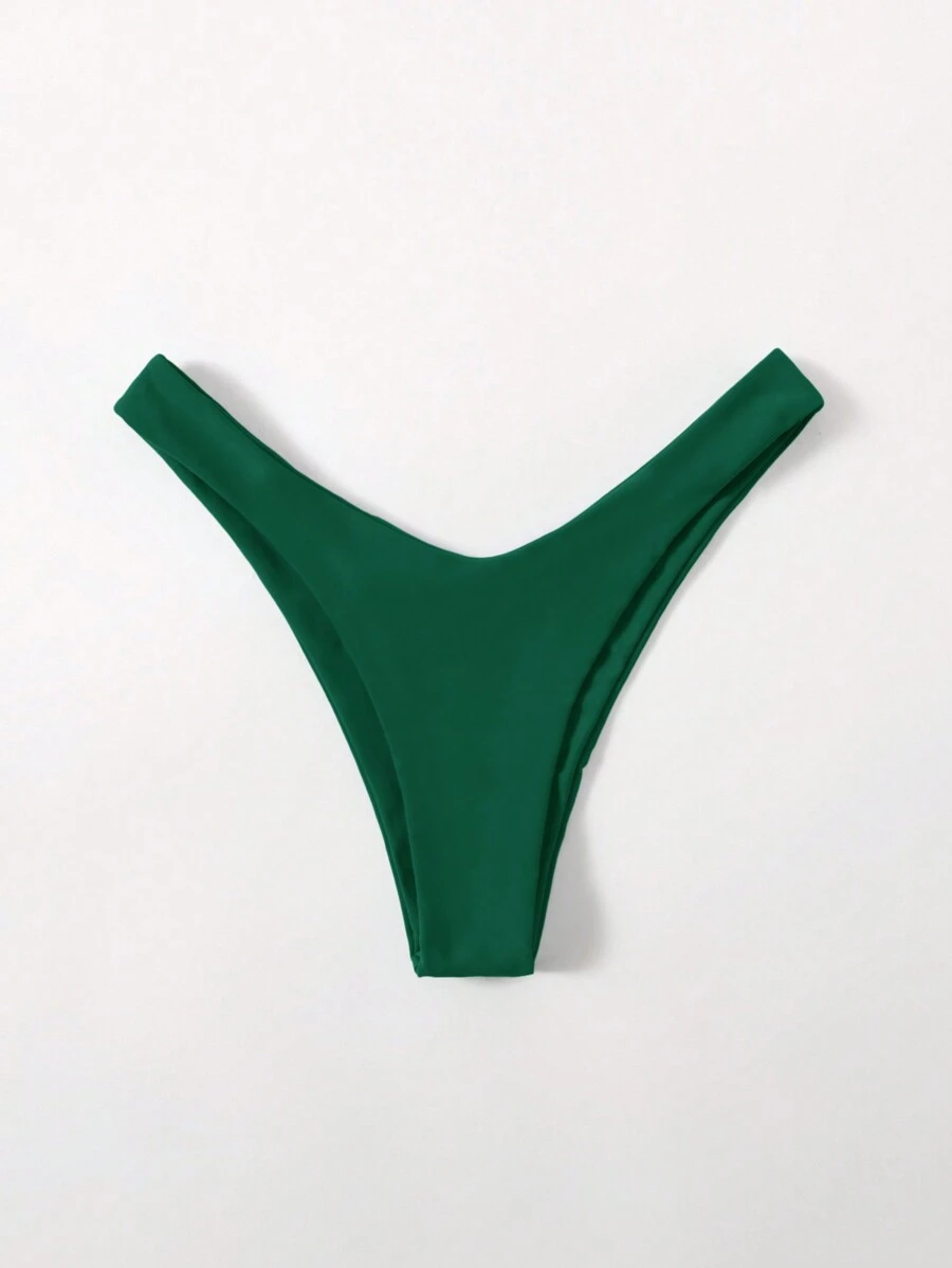 SHEIN Swim 夏季海灘純色V字腰游泳比基尼褲,適用於度假泳池 - 墨綠色 - 查看 1