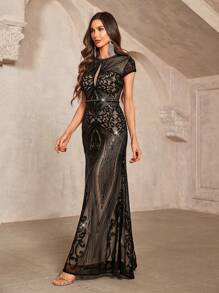 SHEIN Belle Gorgeous Dark Black Sequins Fabric Round Neck Cap Sleeves With Chest Pad Positioning Beaded Hollow Out Fish-Tail Women Evening Dress Elegant Formal Prom Wedding Guest Dress, For Graduation, Dinner