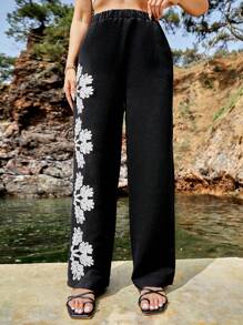 EURMUSE Women Floral Pattern Elastic Waist Boho Pants - Black - View 3