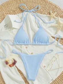 Swim Mod 2026 Spring/Summer Women's Vacation Special Fabric Spaghetti Strap Halter Sky Blue Sexy Thong Bikini Two Pieces Swimsuit