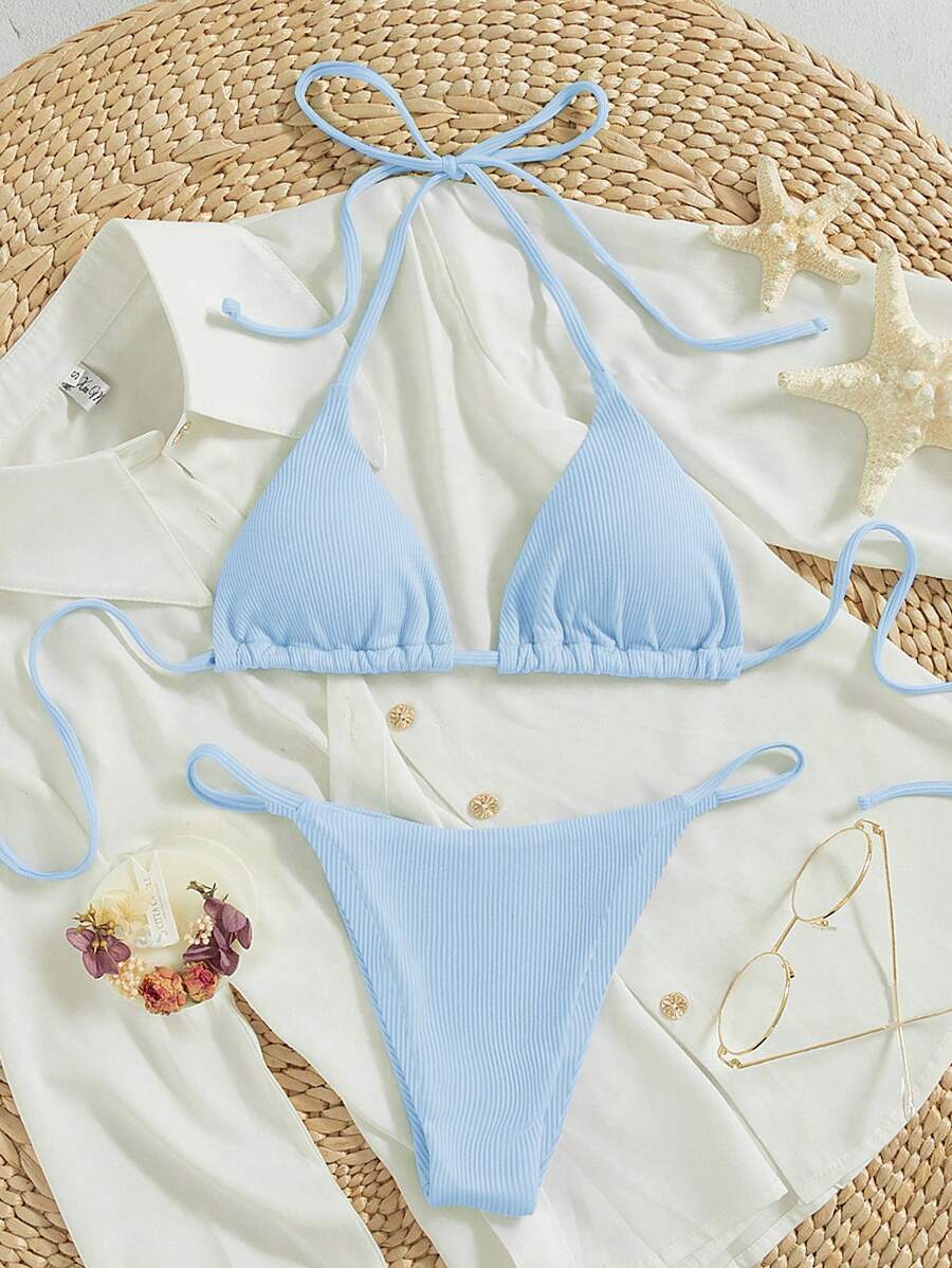 Swim Mod 2026 Spring/Summer Women's Vacation Special Fabric Spaghetti Strap Halter Sky Blue Sexy Thong Bikini Two Pieces Swimsuit