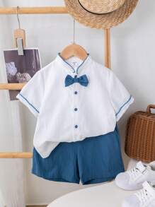 SHEIN Elegantes Gewebtes Kurzarmhemd Und Shorts Set Mit Stehendem Kragen Und Schleife Für Junge Jungen, Gentleman Stil - Verschiedenfarbig - Übersicht 10