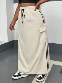 SHEIN EZwear Plus Size Women Drawstring Waist Side Stripe Utility Pocket Long Casual Skirt