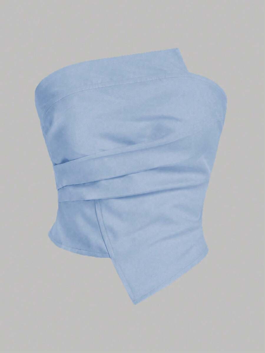 SHEIN Privé Women Solid Ruched Asymmetrical Hem Tube Top For Summer - Blue - View 1