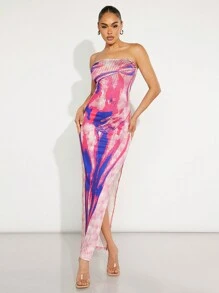 Hauture Women Summer Body Print Strapless Long Slim Elegant Dress