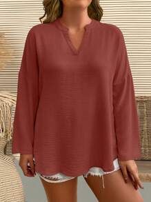 SHEIN LUNE 大尺碼純色凹口休閒襯衫 - 棕色 - 查看 5