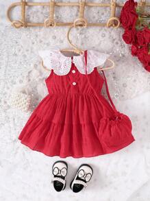 Robe sans manches en été pour bébé fille, douce et colorée, avec broderie creuse et pièces jointes - Rouge - Voir 2