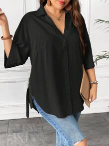 Calvaya Plus Size Women Stylish Loose Solid Color Daily Casual Work Shirt - Black - View 5