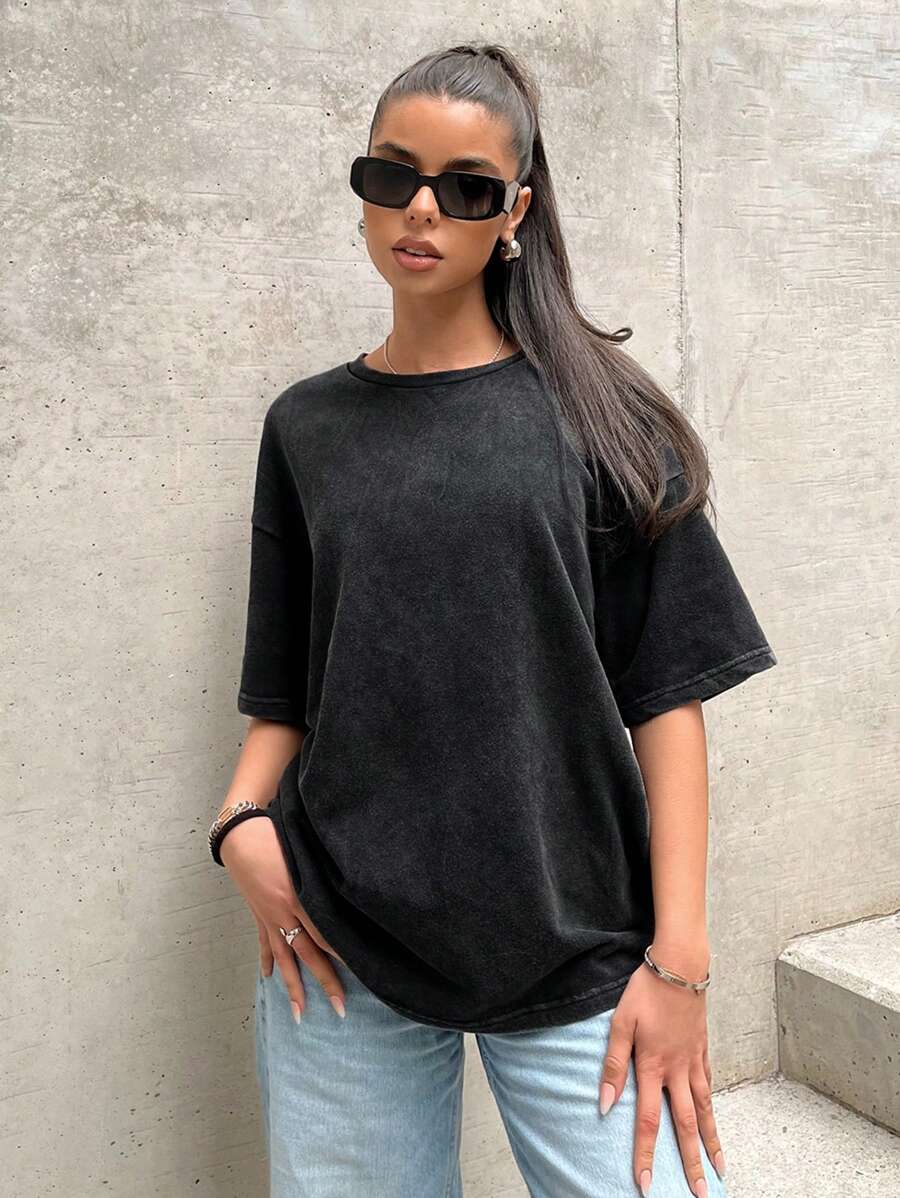 SHEIN EZwear 鬆身針織黑色休閒T恤 - 黑色 - 查看 1