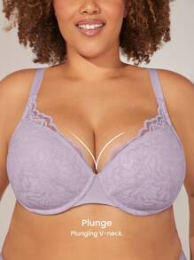 LUVLETTE Plus Sexy Lingerie Lounge Curve Full Coverage Unlined Purple Lace Elegance Minimizer Bra - Purple - View 6