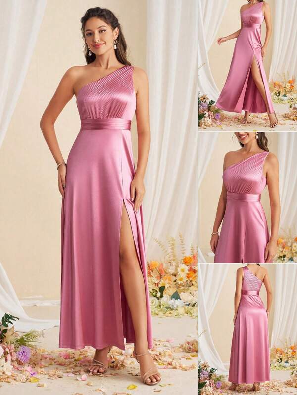 SHEIN Belle Elegant One-Shoulder A-Line Bridesmaid Dress With High Waist And High Slit
