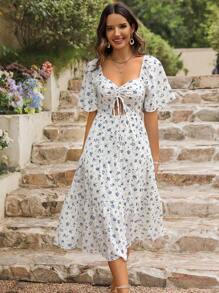 SHEIN VCAY Vestido de verano para mujer con estampado floral, cuello en forma de corazón con lazo en la cintura y elegantes huecos para vacaciones - Multicolor - Ver 5