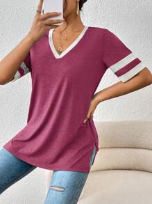 SHEIN Essnce Áo thun ngắn tay khối màu thường ngày mùa hè - Màu Hồng  San hô - Xem 3