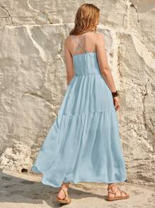Bohemela Vacation Style Women Solid Color Dress With Ruffle Hem And Spaghetti Straps For Summer