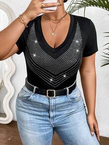 Plus Size Simple Daily T-Shirt With Rhinestone Decor Summer - Black - View 5