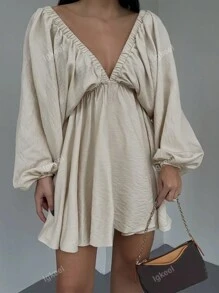 Plus Size Spring/Autumn Deep V-Neck Batwing Sleeve Solid Color Minimalist Dress