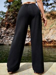 EURMUSE Women Floral Pattern Elastic Waist Boho Pants - Black - View 2