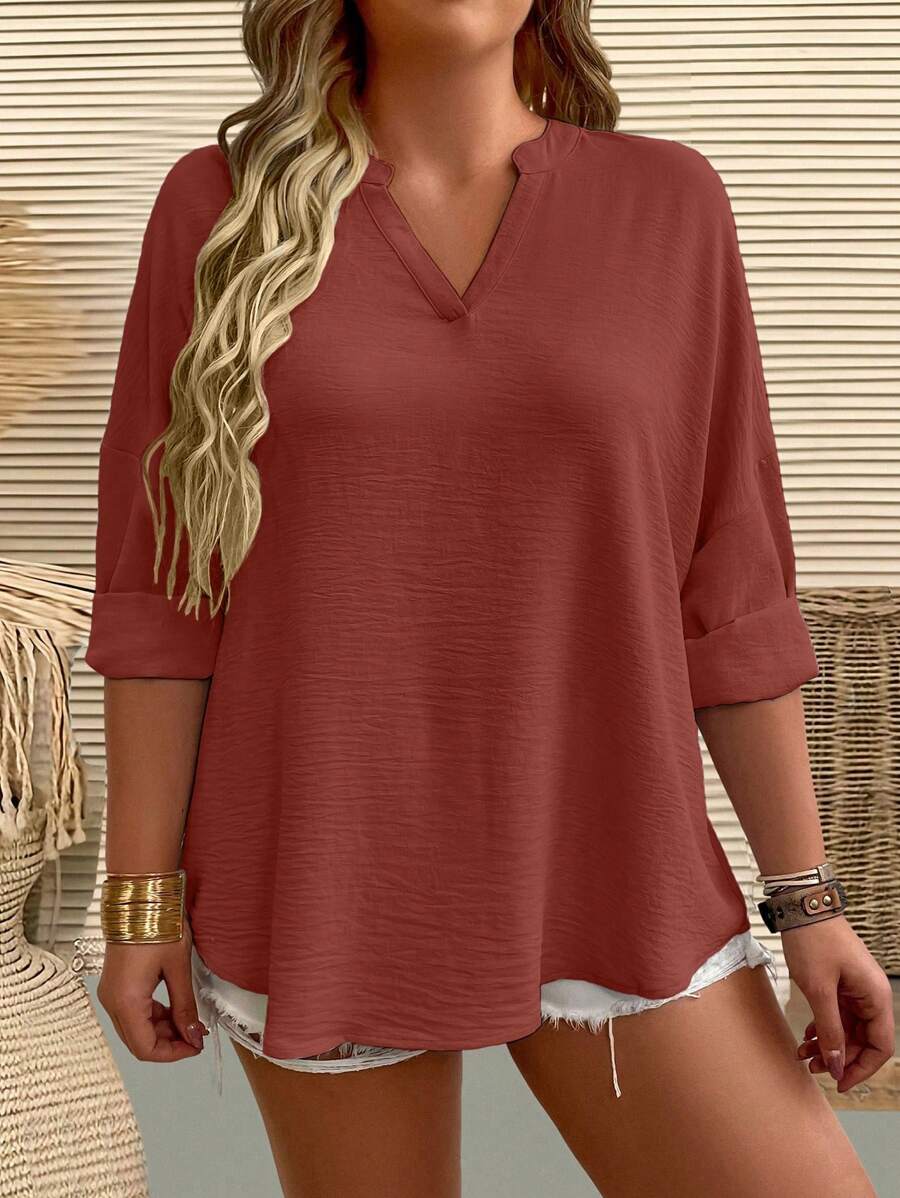 SHEIN LUNE Plus Size Solid Color Casual Shirt With Notched Collar - Brown - View 1