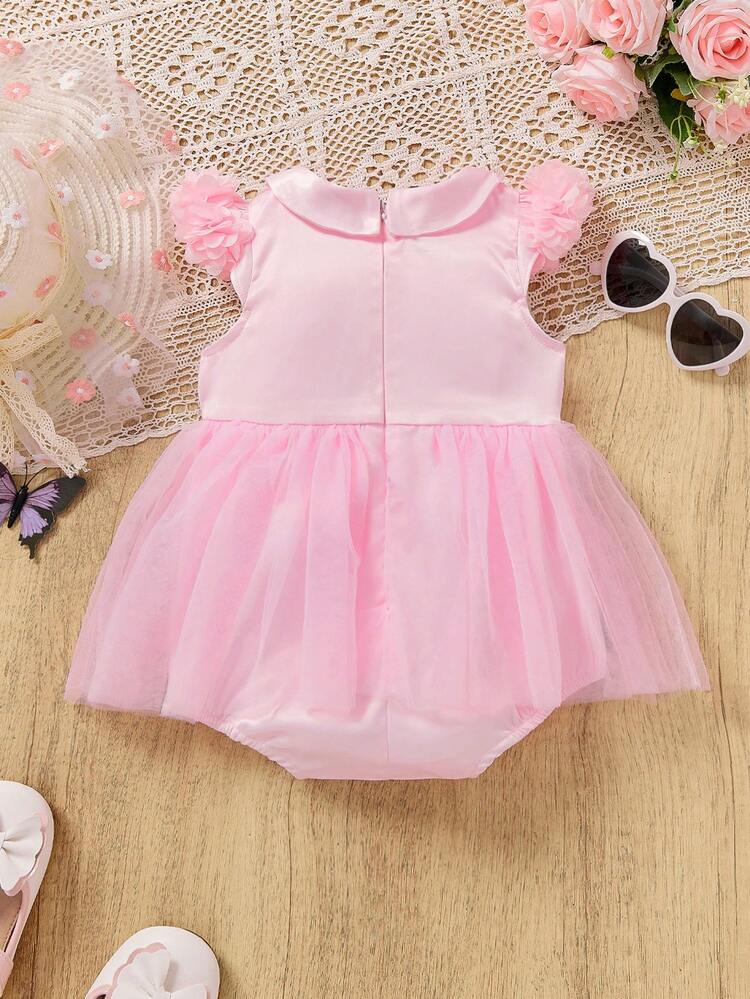Baby Girl Cute Satin Patchwork 3d Flower & Mesh Peter Pan Collar Bodysuit