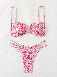 SHEIN Swim Women Summer Beach Random Ditsy Floral Print Bikini Set - Hot Pink - View 4