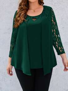 EMERY ROSE Plus Size Women Fashionable Loose Fit Round Neck Lace Long Sleeve Blouse - Dark Green - View 1